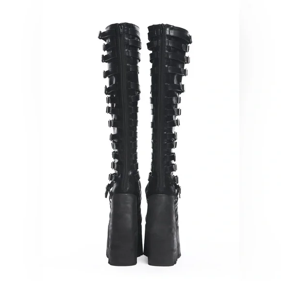 Gothic Black Buckle Strappy Monster Wedge Knee High Platform Boots - 9 - Picture 7 of 17